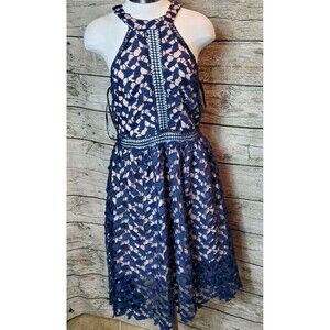 Audrey Floral Lace Crochet Navy & Nude High Neck Fit & Flare Midi Dress Size L